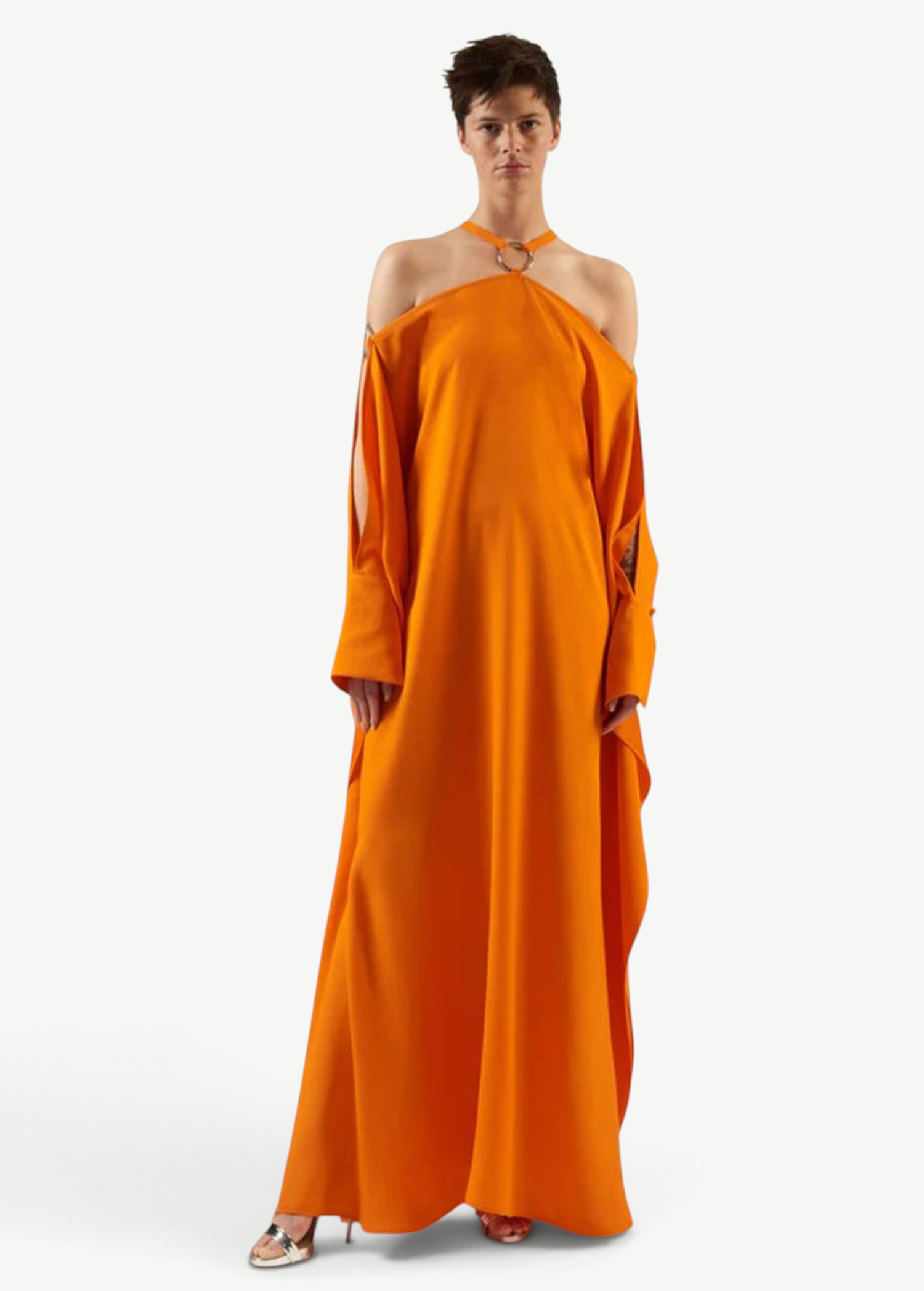 KABE SHOP INC Volturno kaftan in vibrant orange with off-shoulder halterneck, flowing sleeves, and ring details.