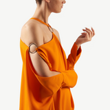 KABE SHOP INC Volturno kaftan in vibrant orange with off-shoulder halterneck and silver ring embellishments