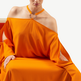 KABE SHOP INC Volturno kaftan in vibrant orange with off-shoulder halterneck and silver ring embellishment
