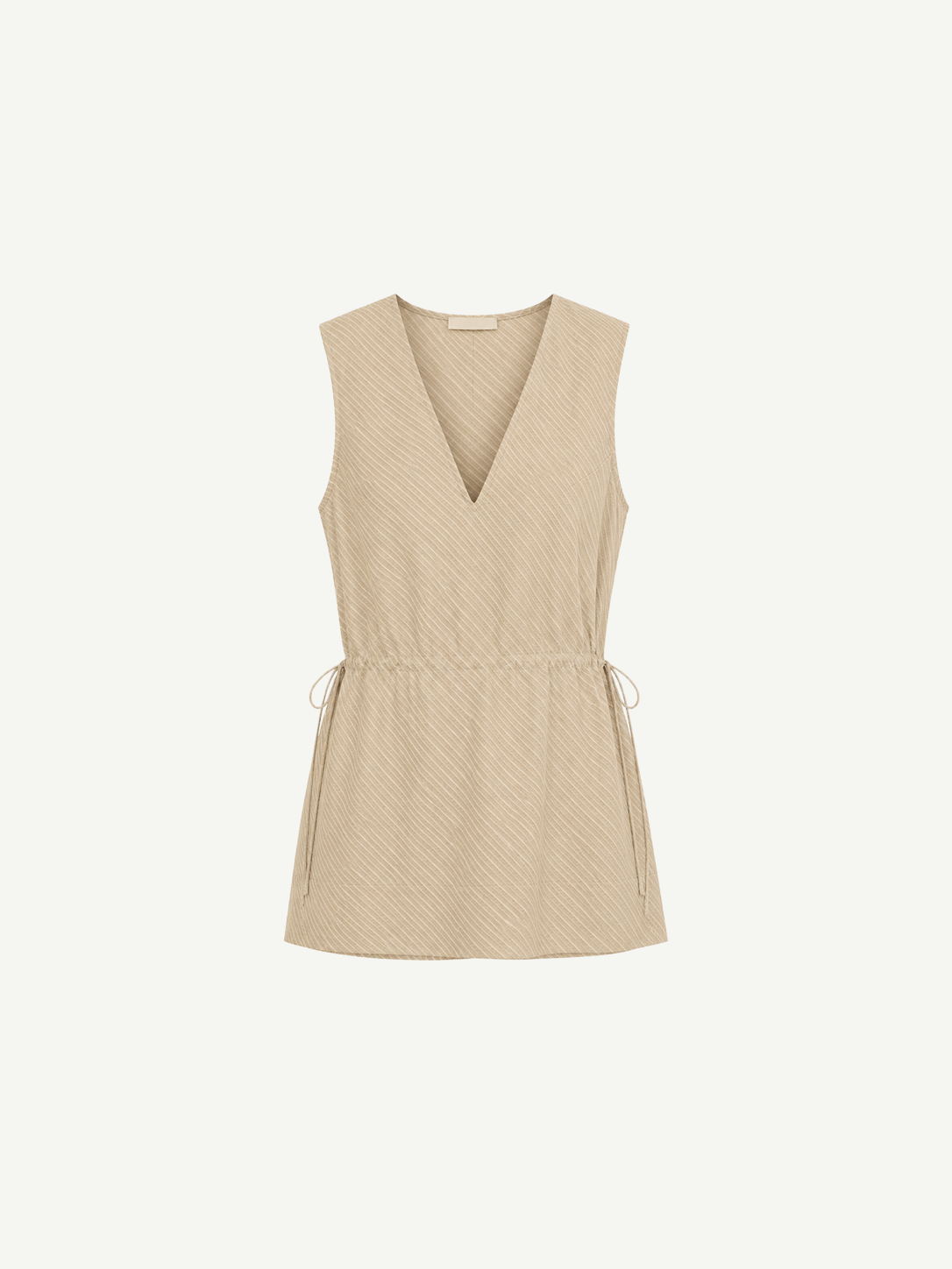 Selan Top in a beige sleeveless V-neck silhouette with a drawstring waist and a refined diagonal pinstripe pattern.