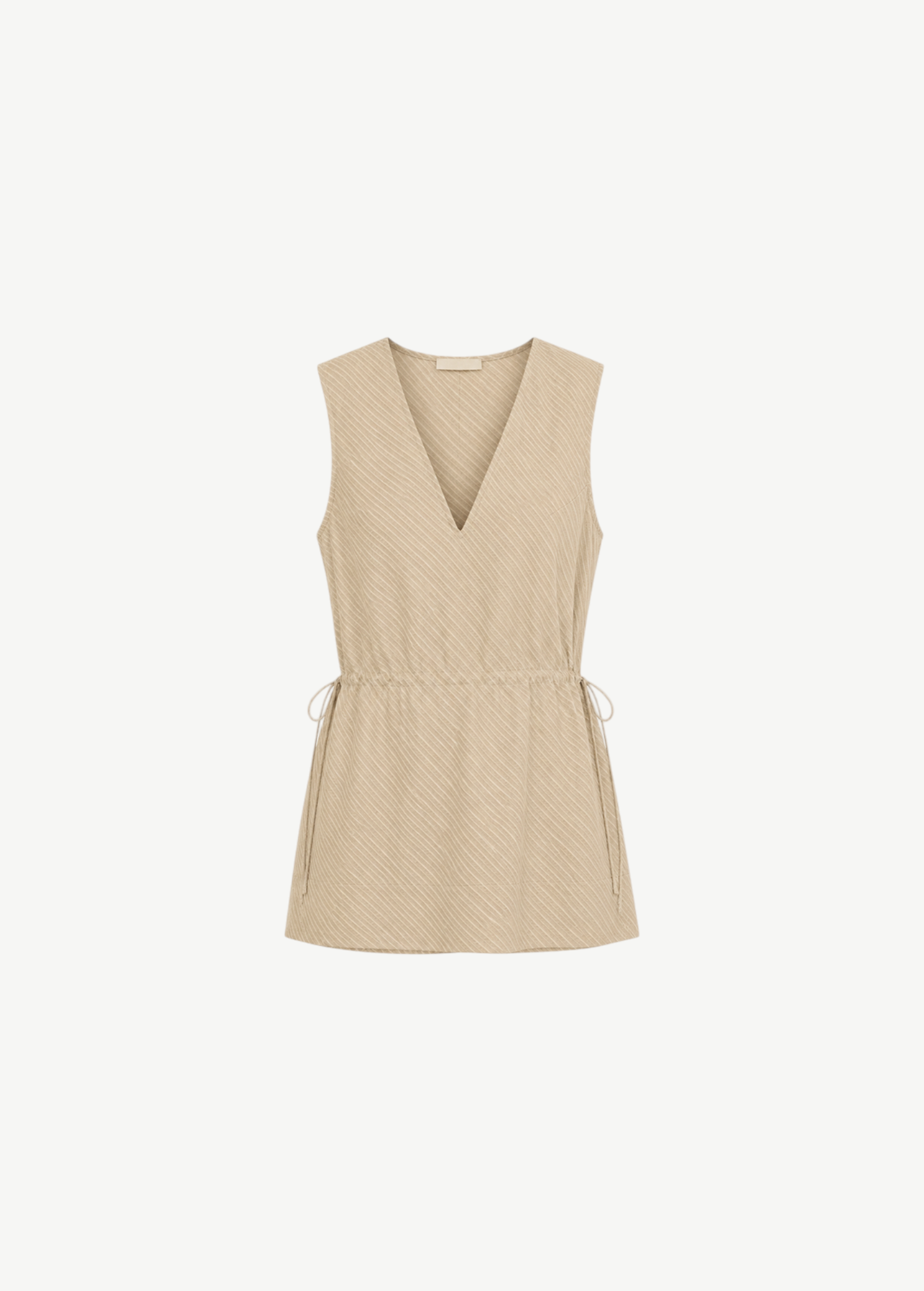 Selan Top in a beige sleeveless V-neck silhouette with a drawstring waist and a refined diagonal pinstripe pattern.