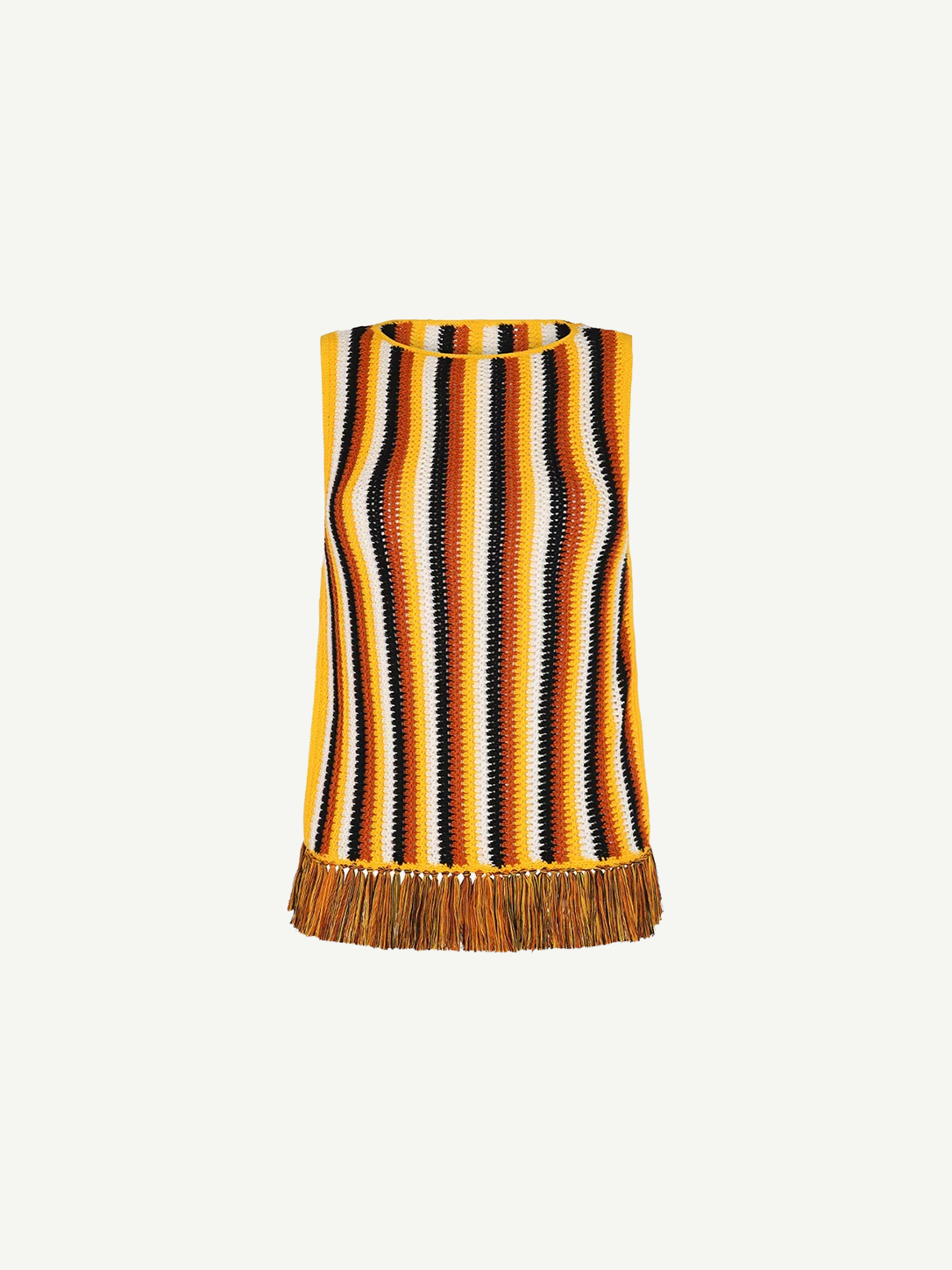 Misti Sleeveless Top featuring a sleek silhouette with vertical yellow, brown, white, and black stripes and an artisanal fringed hem.