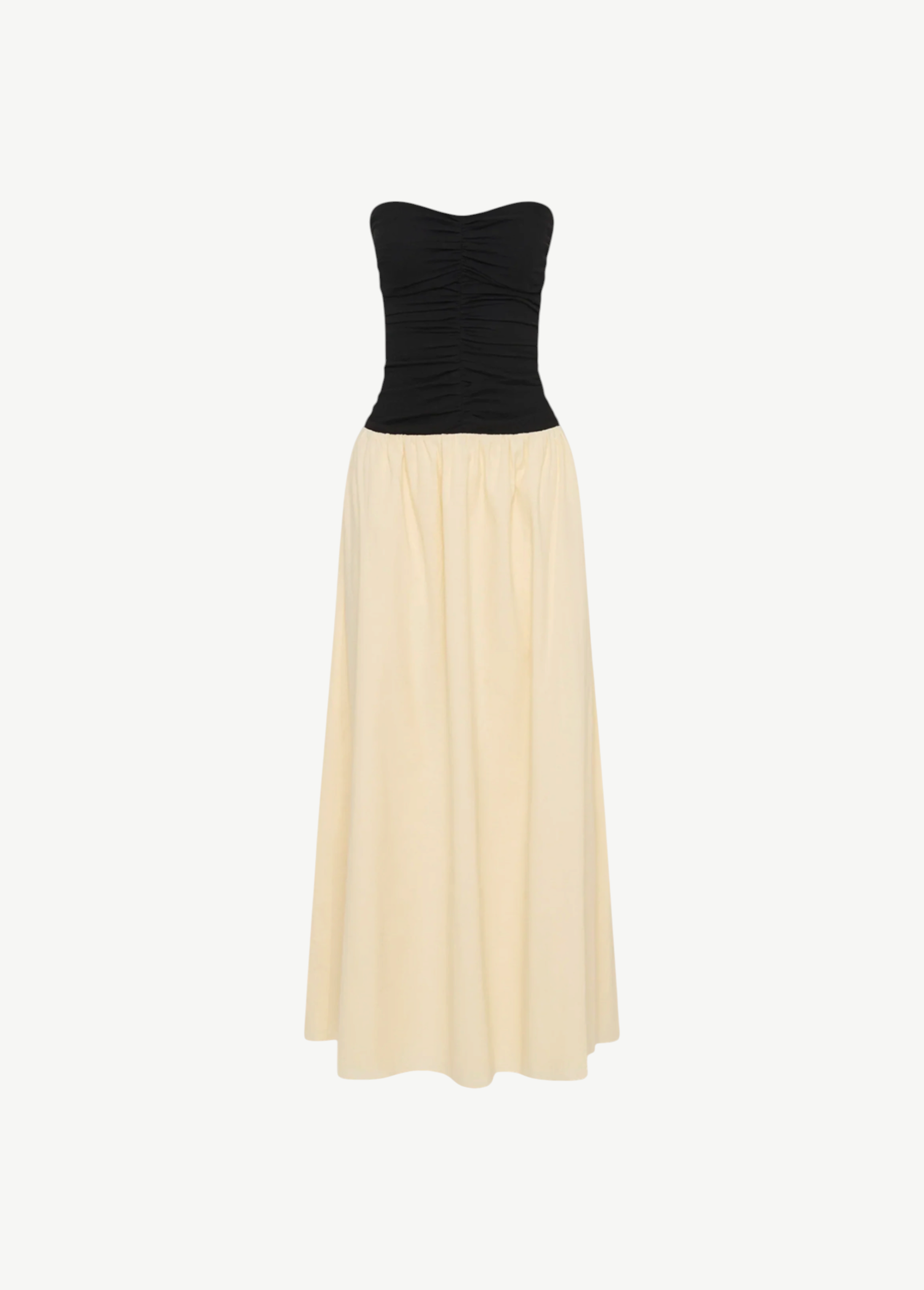 KABE SHOP INC Sant Roc maxi dress featuring a black ruched strapless bodice and a flowing milk-colored skirt.