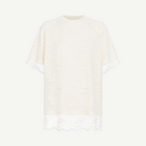 Relaxed Fit T-Shirt with Lace Overlayer featuring short sleeves, an ivory lace overlay, a round neckline, and scalloped lace trim at the hem and sleeves, displayed against a white background.