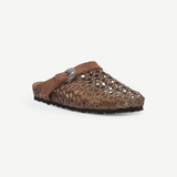 KABE SHOP INC Thais Mat Intreccio sabots in rustic green with a woven design, suede strap, and decorative buckle.