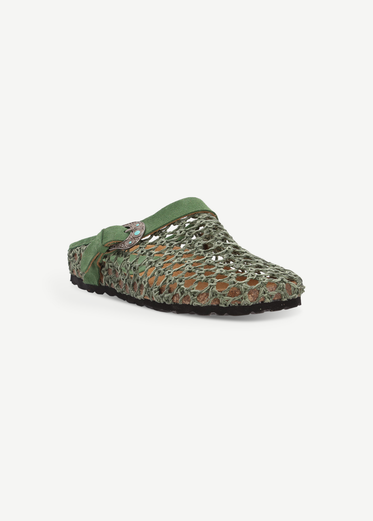 KABE SHOP INC Thais Mat Intreccio rustic green woven sabots with suede strap and decorative buckle
