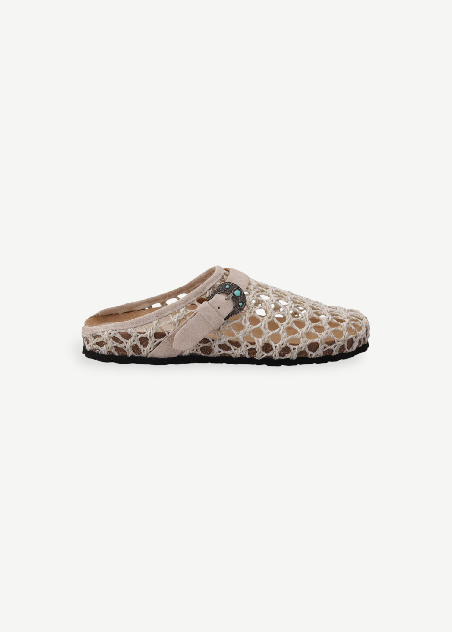 KABE SHOP INC Thais Mat Intreccio sabots in beige woven material with a suede strap and decorative buckle