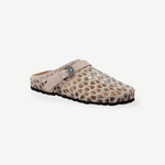 KABE SHOP INC Thais Mat Intreccio sabot with beige woven upper, suede strap, and decorative turquoise buckle