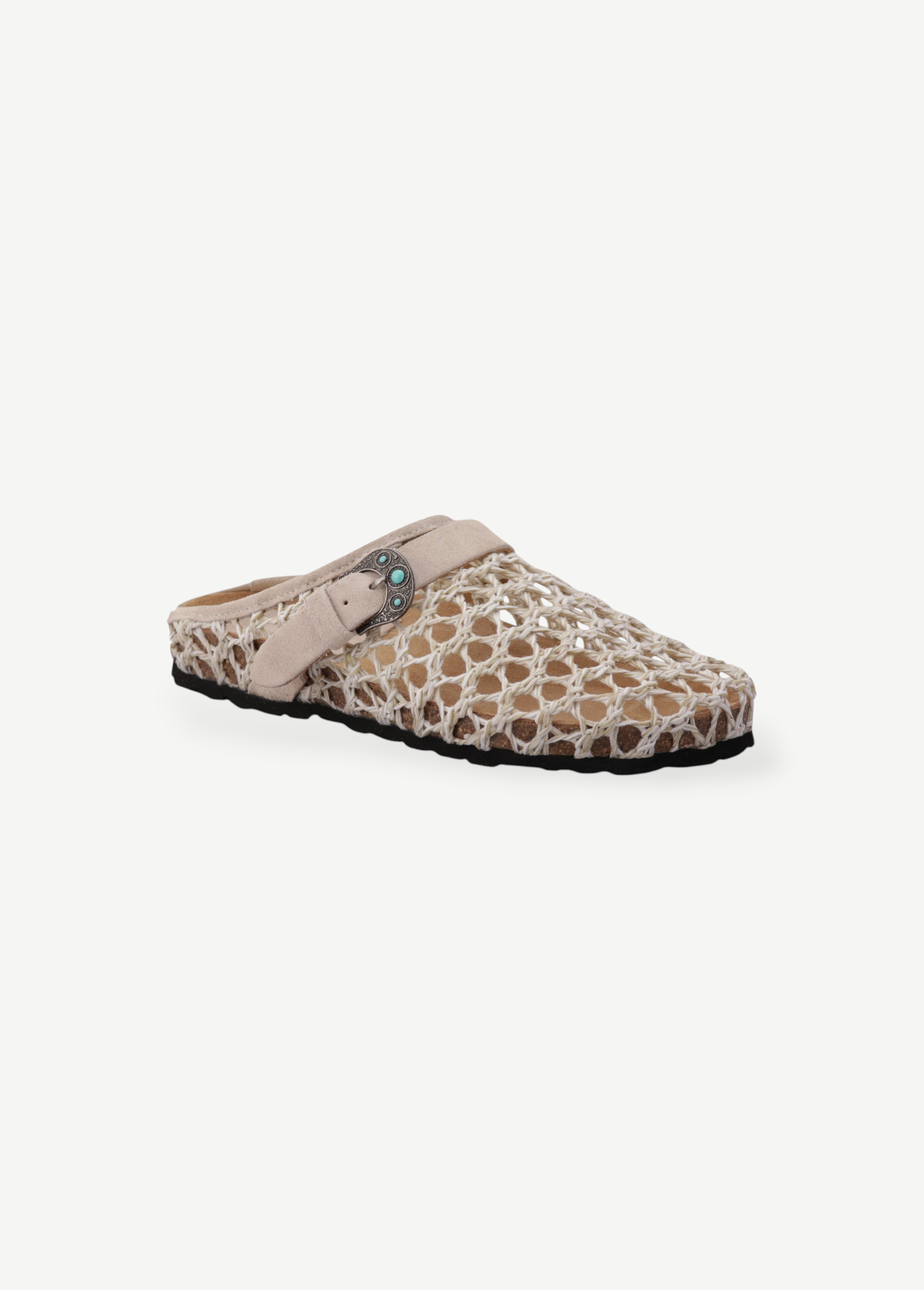 KABE SHOP INC Thais Mat Intreccio sabot with beige woven upper, suede strap, and decorative turquoise buckle