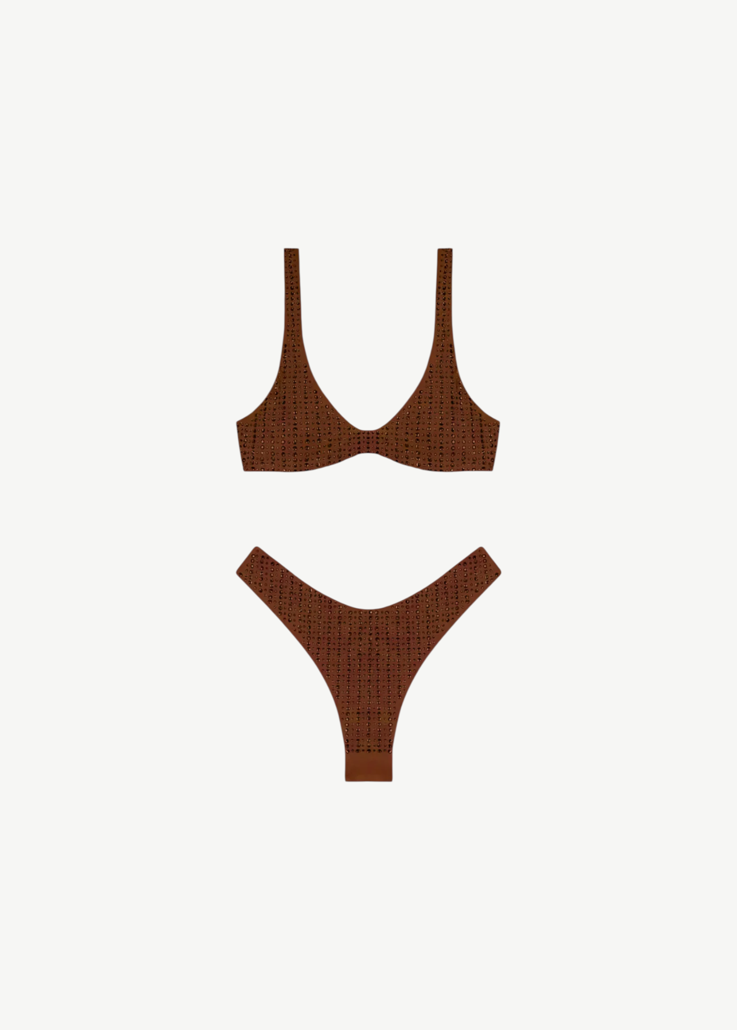KABE SHOP INC brown microfiber bikini set with brassiere top and high-cut Brazilian bottoms featuring rhinestones.
