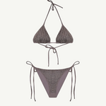 KABE SHOP INC triangle bikini set in grey microfiber with delicate pinstripe rhinestone embellishments and tie sides.