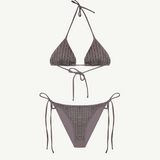 KABE SHOP INC triangle bikini set in grey microfiber with delicate pinstripe rhinestone embellishments and tie sides.
