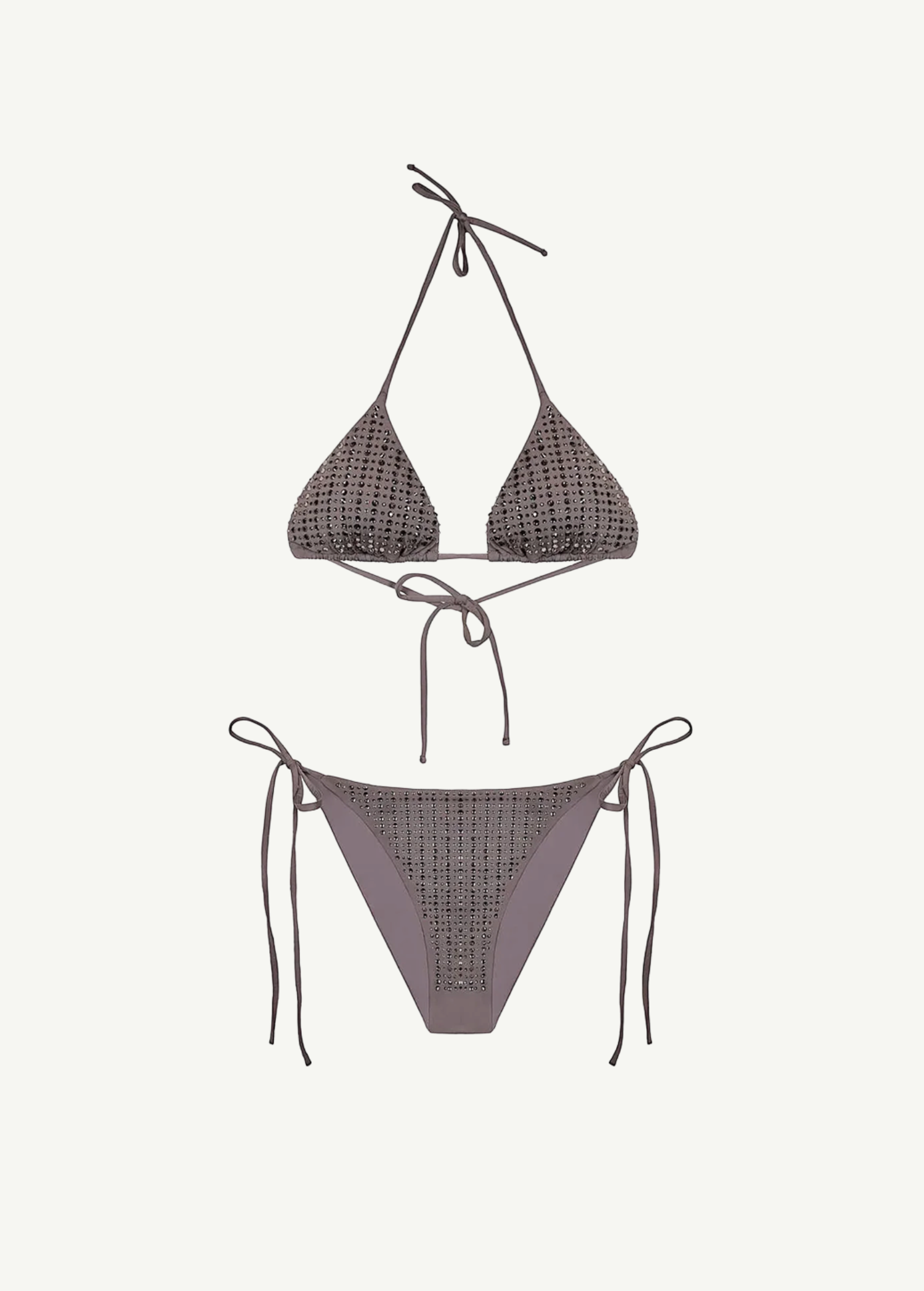 KABE SHOP INC triangle bikini set in grey microfiber with delicate pinstripe rhinestone embellishments and tie sides.