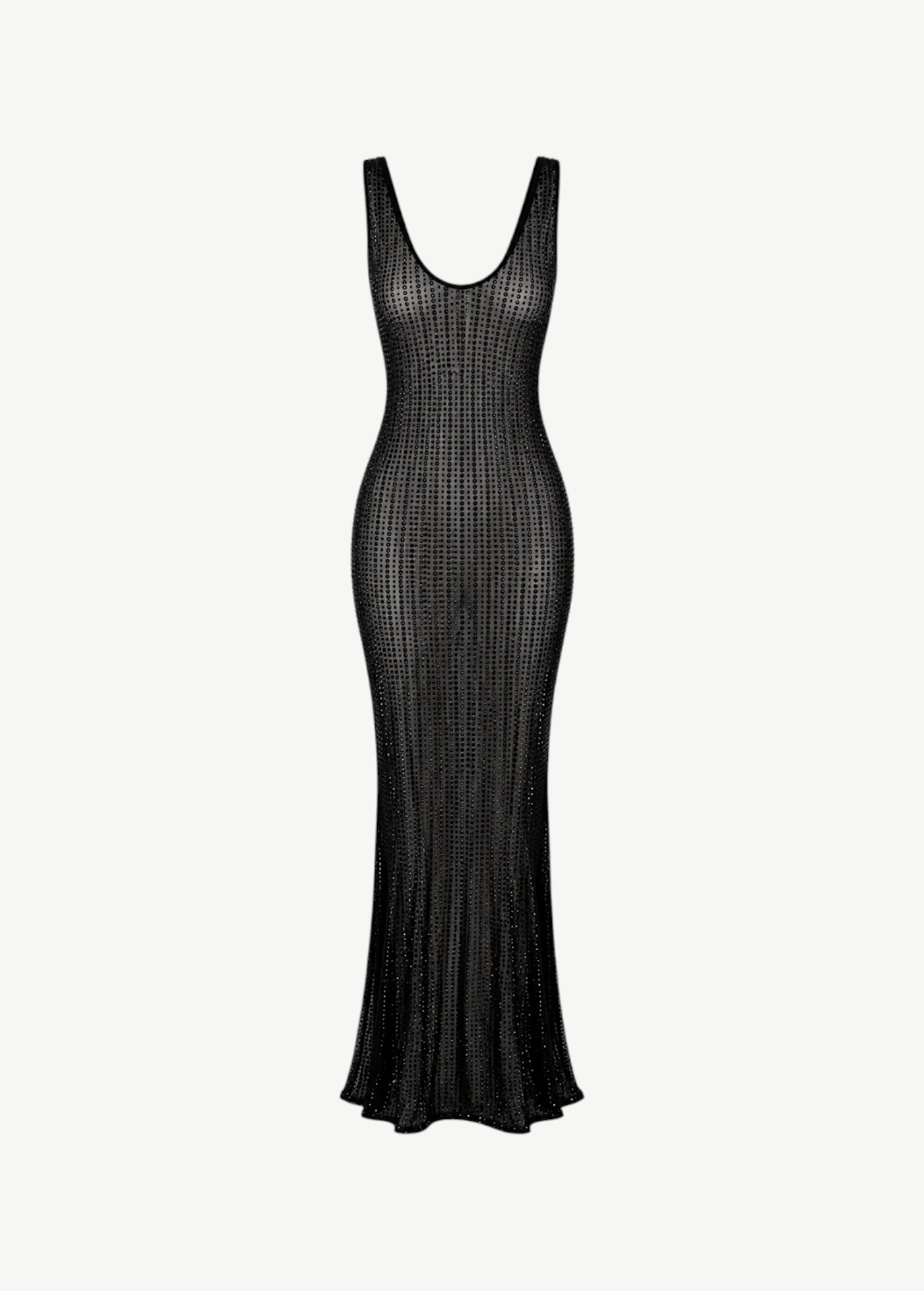 KABE SHOP INC black tulle maxi dress featuring shimmering pinstripe rhinestone embellishments and a deep back neckline.