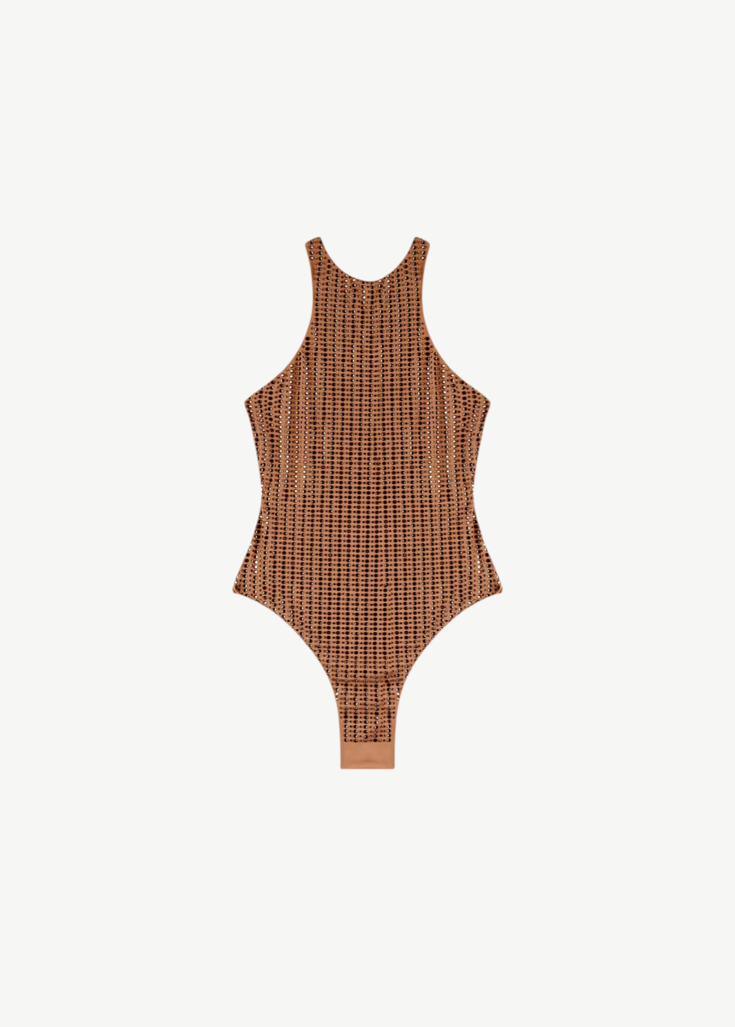 KABE SHOP INC Vogatore one-piece swimsuit in bronze microfiber with delicate pinstripe rhinestone embellishments.