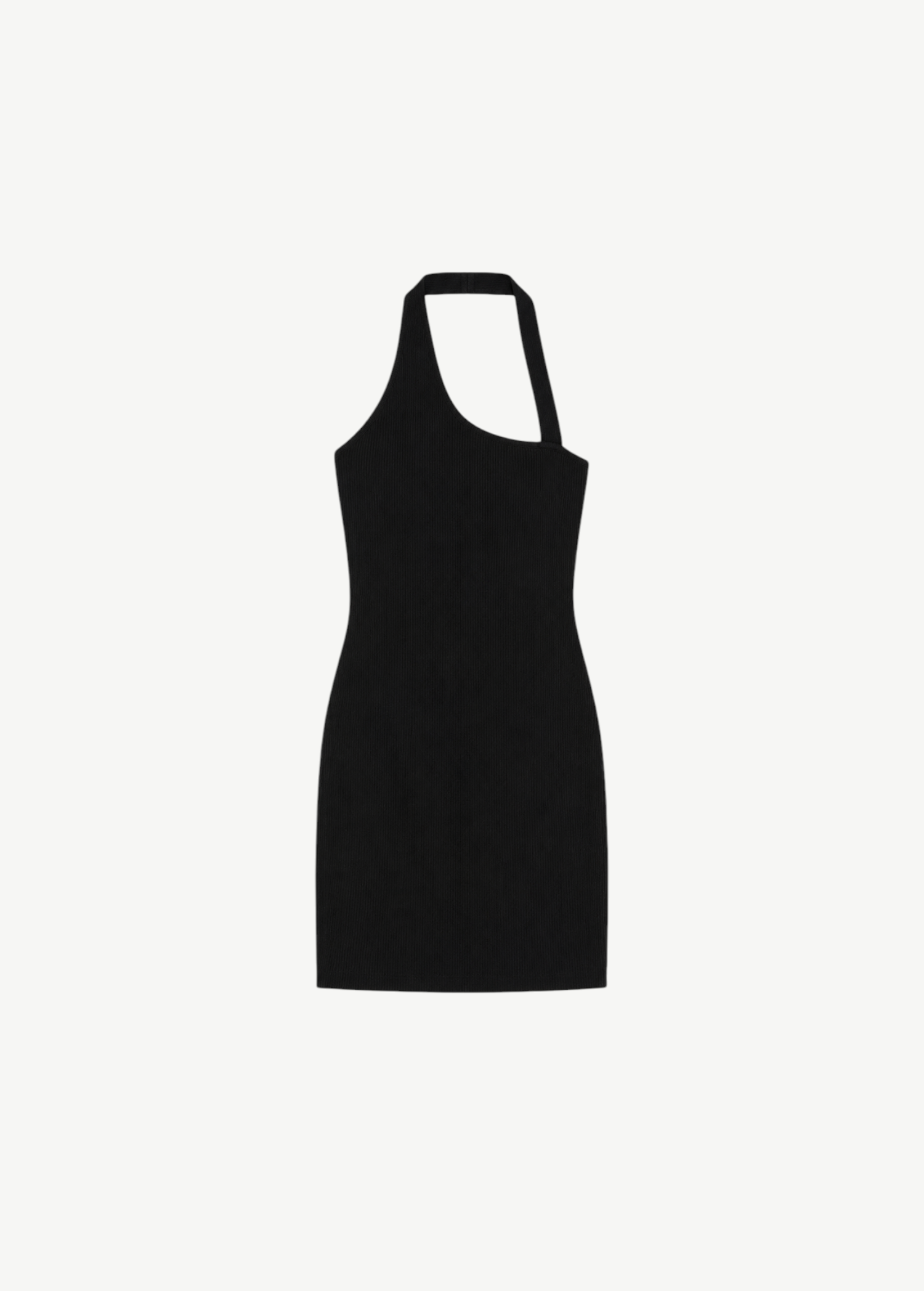KABE SHOP INC black ribbed asymmetric racer slip mini dress with a sleek body-hugging silhouette.