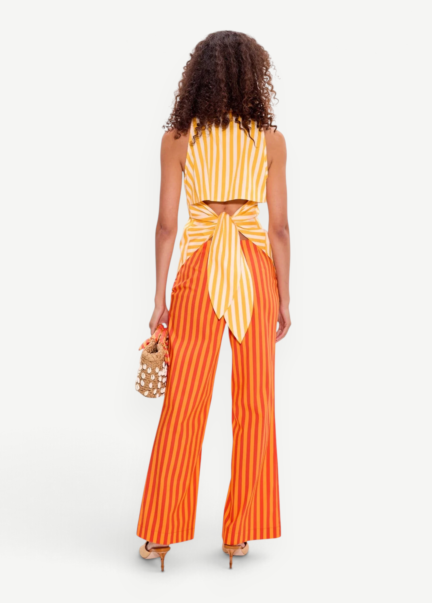 KABE SHOP INC Loch sleeveless yellow and white striped poplin button-up shirt with an open-back tie detail