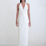 KABE SHOP INC Helia white floor-length halter gown with a plunging neckline and sleek sculpted silhouette