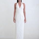 KABE SHOP INC Helia white floor-length halter gown with a plunging neckline and sleek sculpted silhouette
