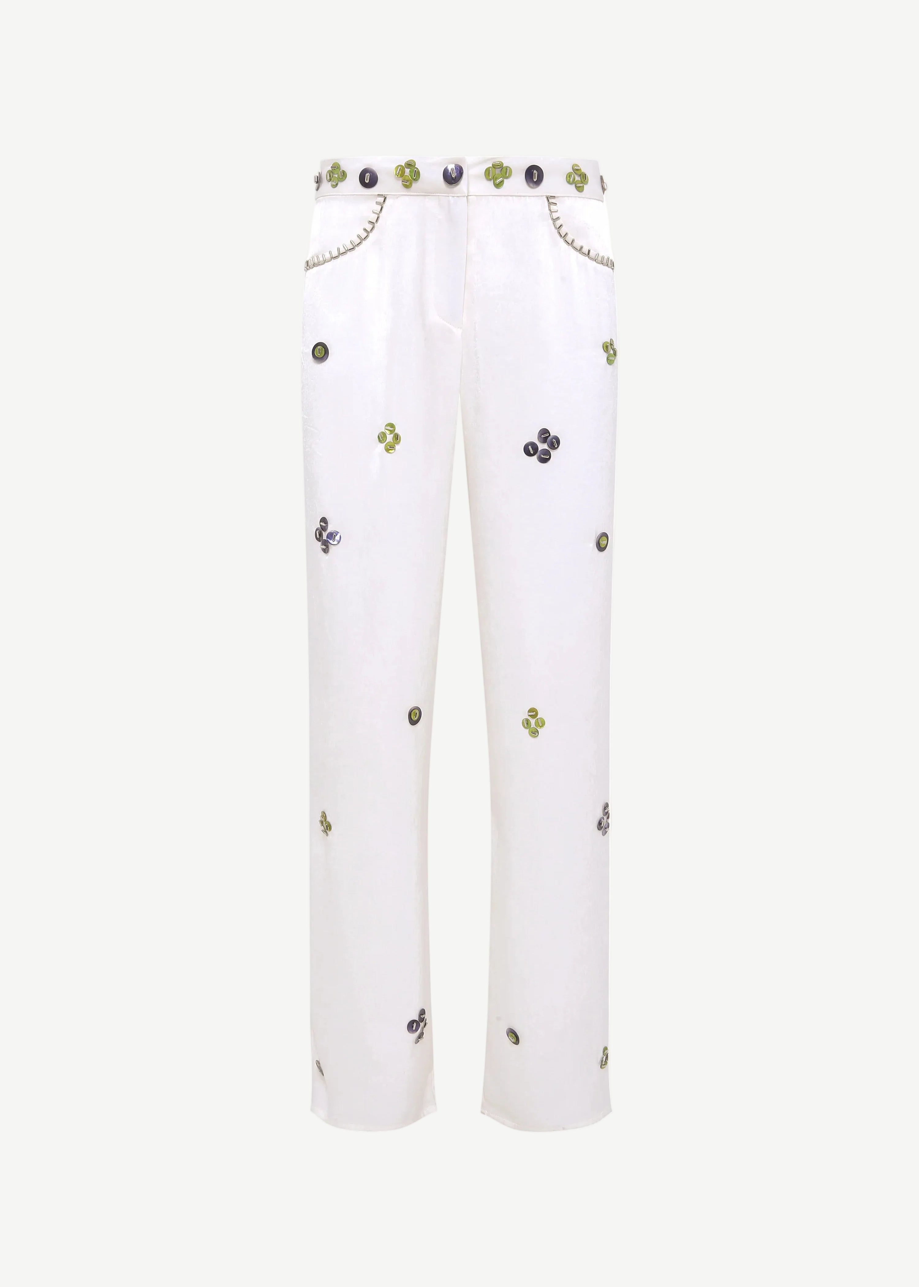 White pants with small colorful patterns on a white background