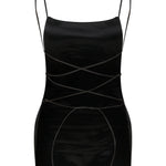 Black sleeveless Xena Top with thin shoulder straps and a minimalist, crisscross lace-up design at the waist.