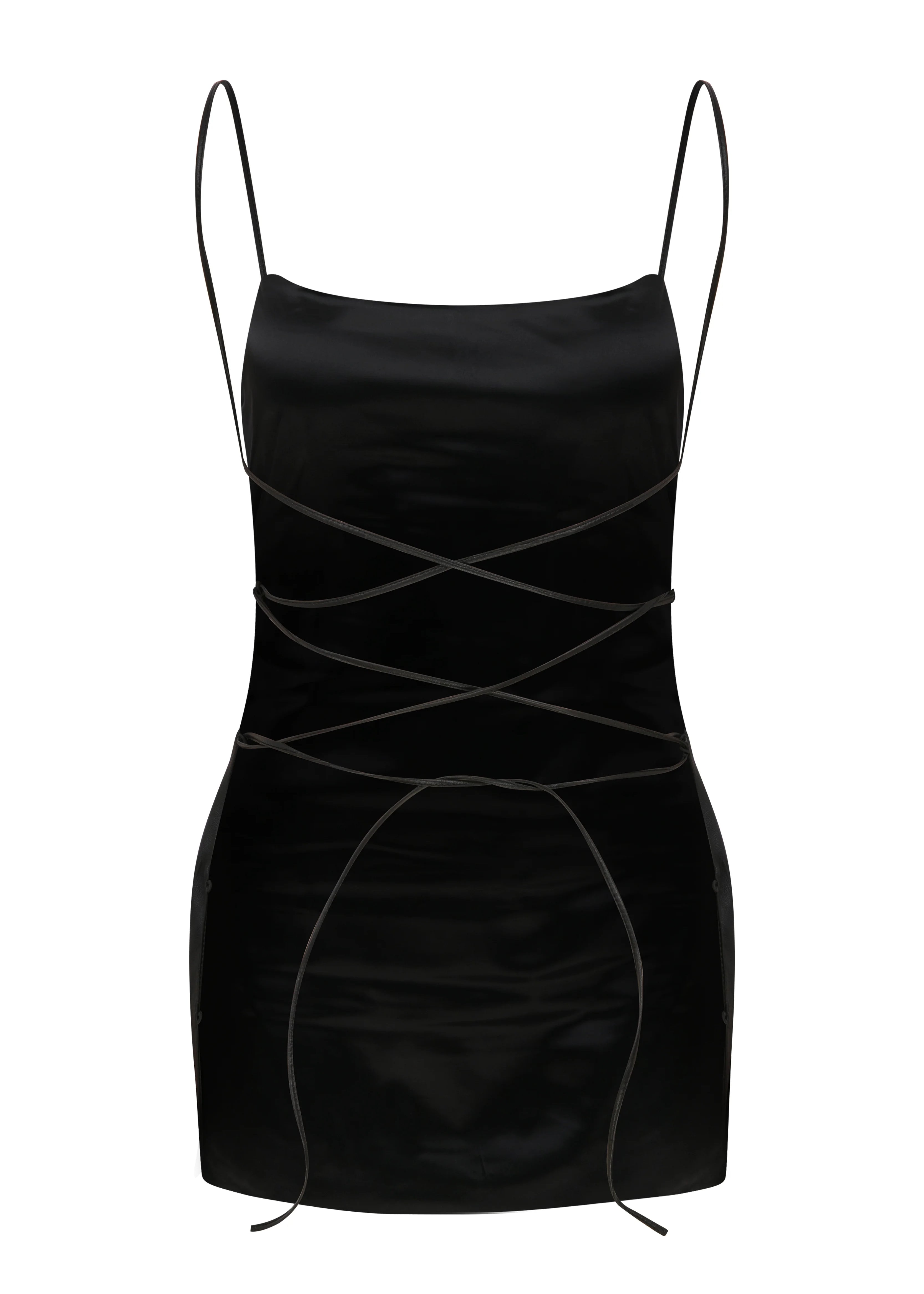 Black sleeveless Xena Top with thin shoulder straps and a minimalist, crisscross lace-up design at the waist.