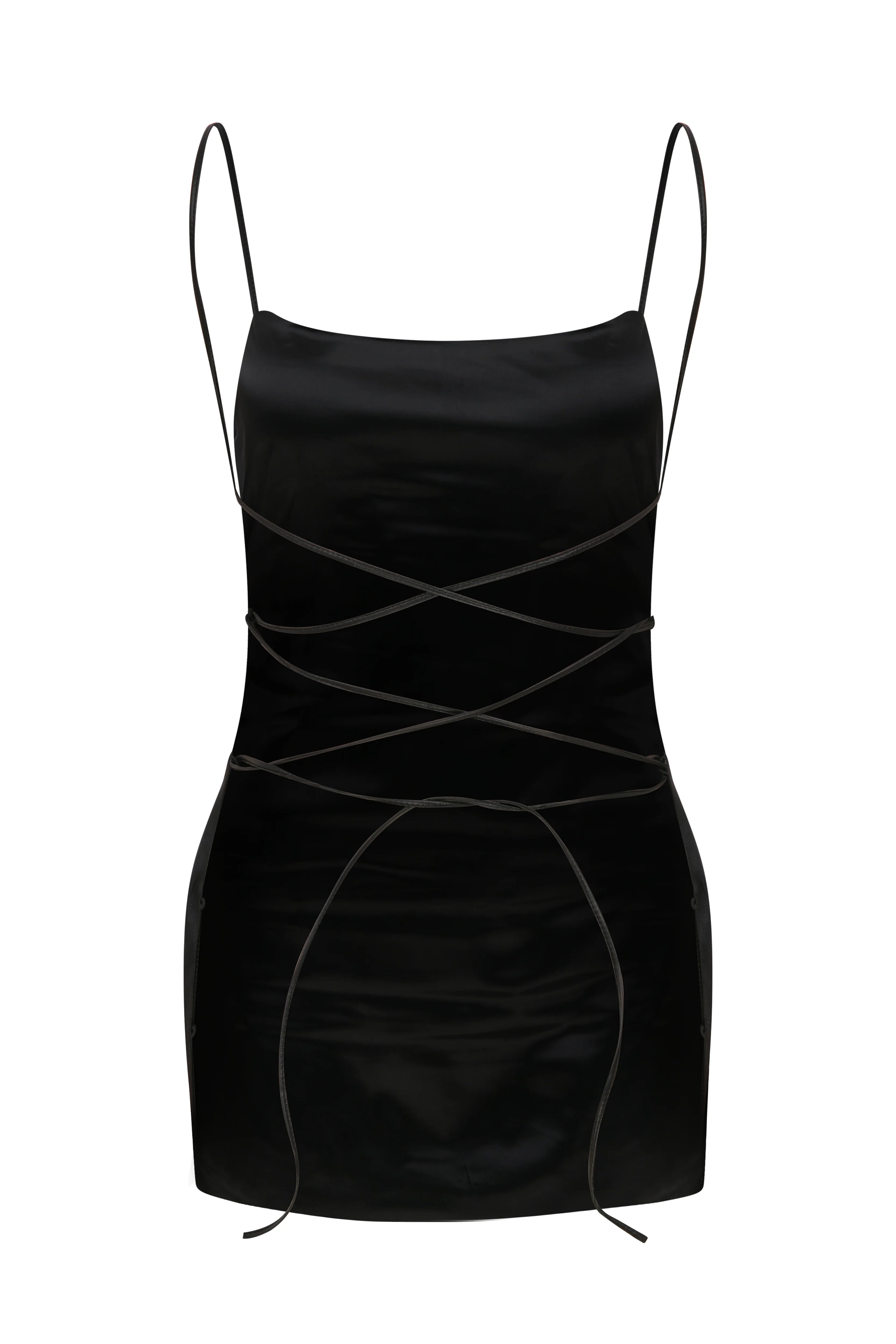 Black sleeveless Xena Top with thin shoulder straps and a minimalist, crisscross lace-up design at the waist.