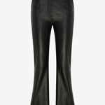 The Xena Pants are black leather flared pants with a front fly, fitted through the hips and thighs, and a slight flare at the hem. Displayed against a white background, they are shown in full length from waist to hem.