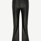 The Xena Pants are black leather flared pants with a front fly, fitted through the hips and thighs, and a slight flare at the hem. Displayed against a white background, they are shown in full length from waist to hem.