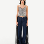 KABE SHOP INC Zaya top featuring a floral print, adjustable straps, and a long black tulle tie back detail.