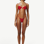 Model wearing a KABE SHOP INC red balconette bikini top with thin straps and U-shaped underwire on a white background.