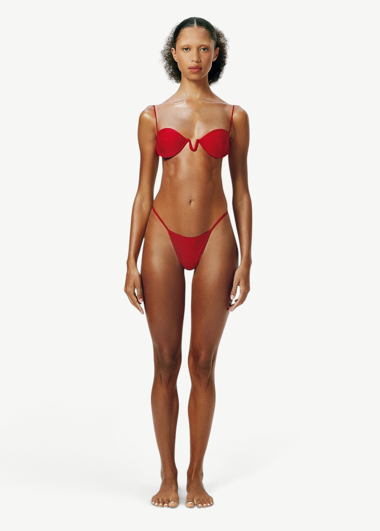Model wearing a KABE SHOP INC red balconette bikini top with thin straps and U-shaped underwire on a white background.