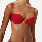 KABE SHOP INC red balconette bikini top with delicate straps and U-shaped underwire worn by a model