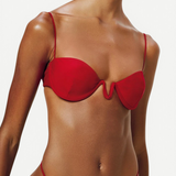 KABE SHOP INC red balconette bikini top with delicate straps and U-shaped underwire worn by a model
