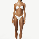 Model wearing KABE SHOP INC white Classic Bottom bikini swimwear with a versatile high or low hip silhouette.