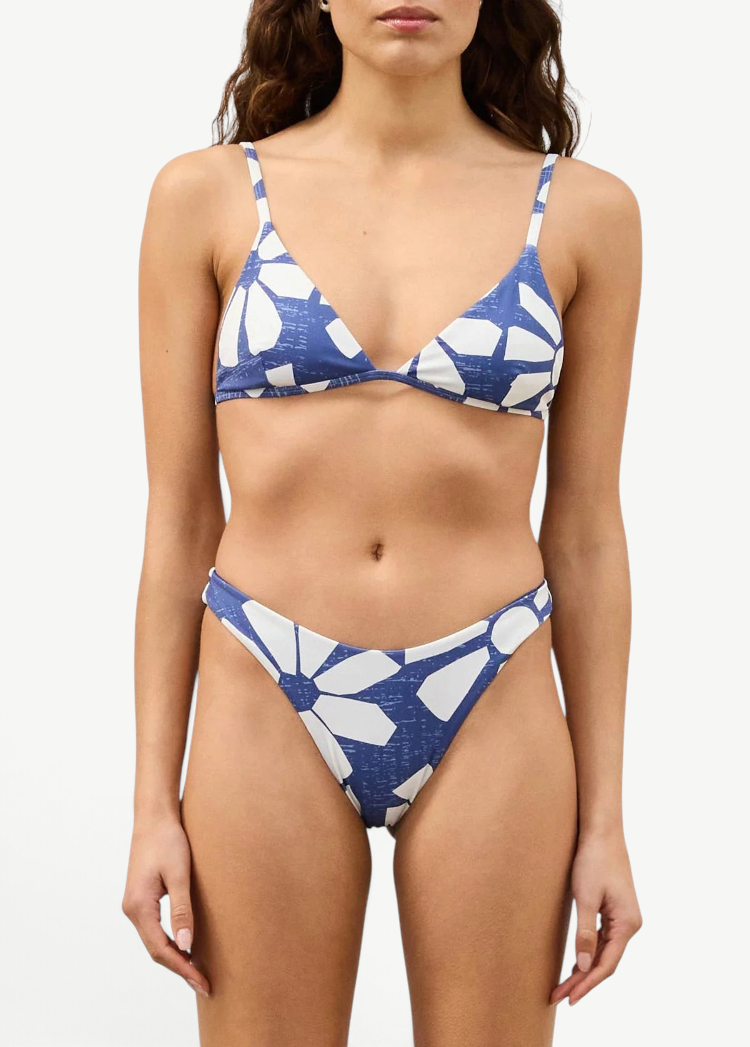 KABE SHOP INC Geo Flower Curve Brief in blue and white floral print with a high-cut leg and curved waistline.