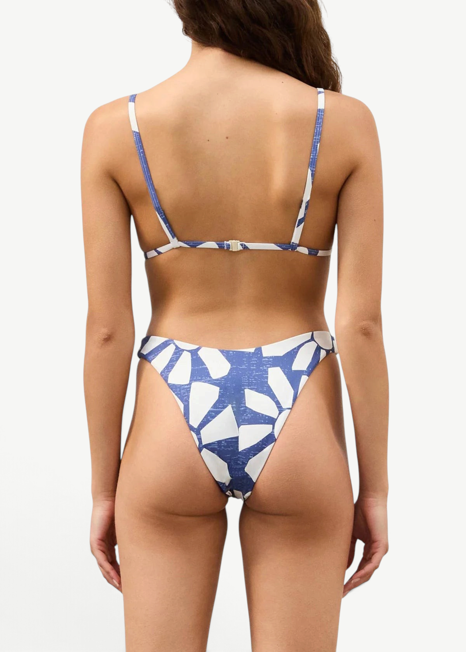 KABE SHOP INC Geo Flower Curve Brief in blue and white geometric floral print with high-cut leg and wide sides