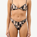 KABE SHOP INC Mosaic Curve thong brief with a hand-painted geometric print, black piping, and high-cut hip design.