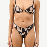 KABE SHOP INC Mosaic Curve thong brief with a hand-painted geometric print, black piping, and high-cut hip design.