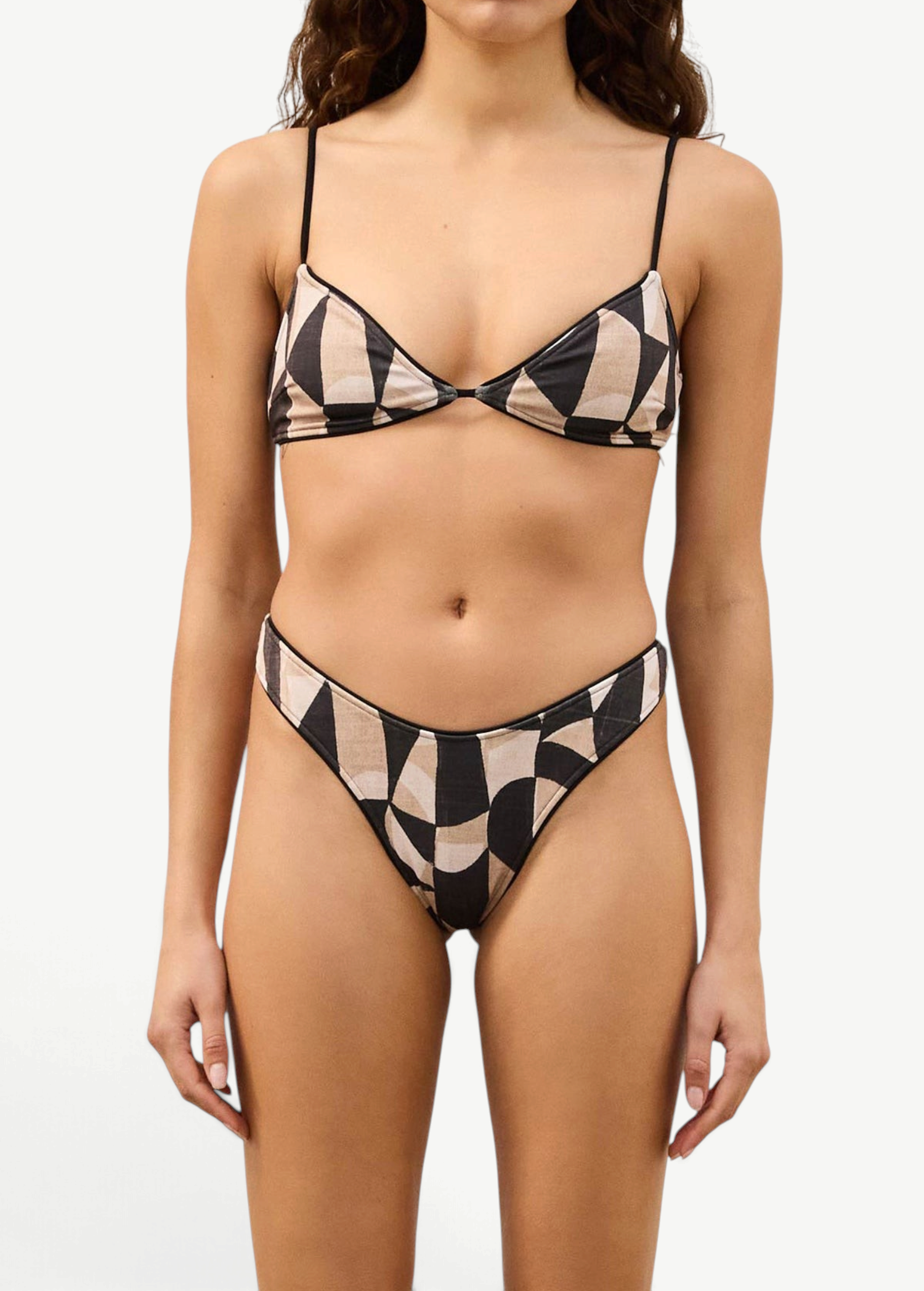 KABE SHOP INC Mosaic Curve thong brief with a hand-painted geometric print, black piping, and high-cut hip design.