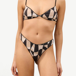 KABE SHOP INC Mosaic Curve thong brief with hand-painted geometric print, high-cut hips, and black piping detail.