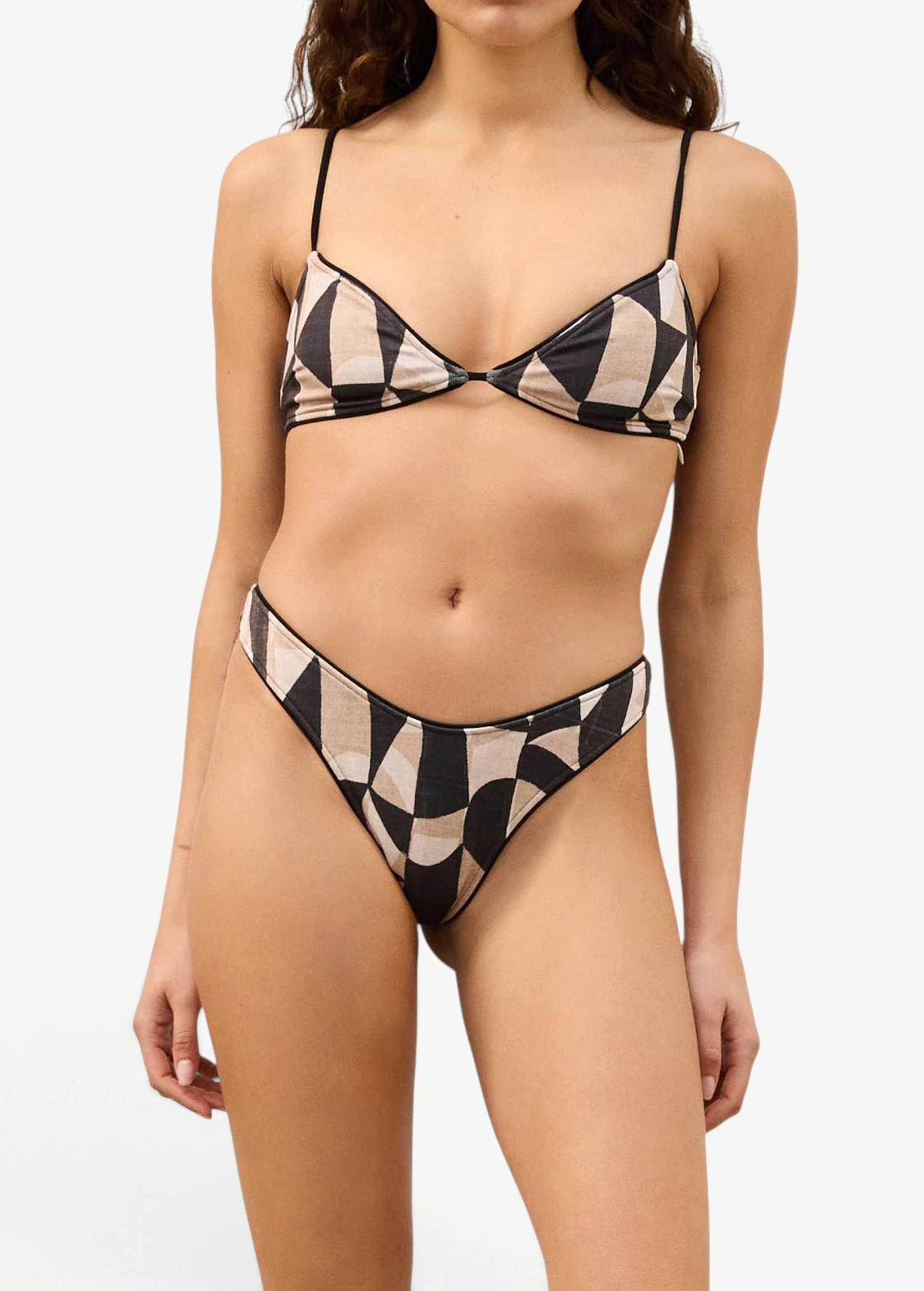 KABE SHOP INC Mosaic Curve thong brief with hand-painted geometric print, high-cut hips, and black piping detail.