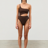 KABE SHOP INC Cocoa Textured One Piece with a one-shoulder design, waist cut-out, and ribbed fabric in dark brown.