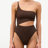 KABE SHOP INC Cocoa textured one-piece swimsuit with a one-shoulder design and a sculpting waist cut-out.