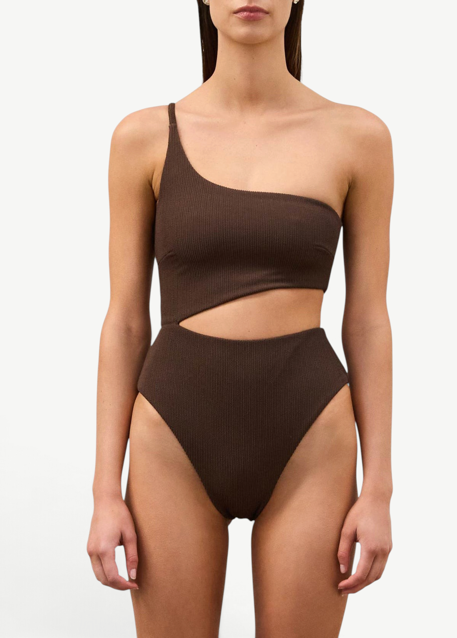 KABE SHOP INC Cocoa textured one-piece swimsuit with a one-shoulder design and a sculpting waist cut-out.