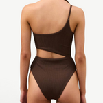 KABE SHOP INC Cocoa Textured one-piece swimsuit with one-shoulder design and waist cut-out, back view.