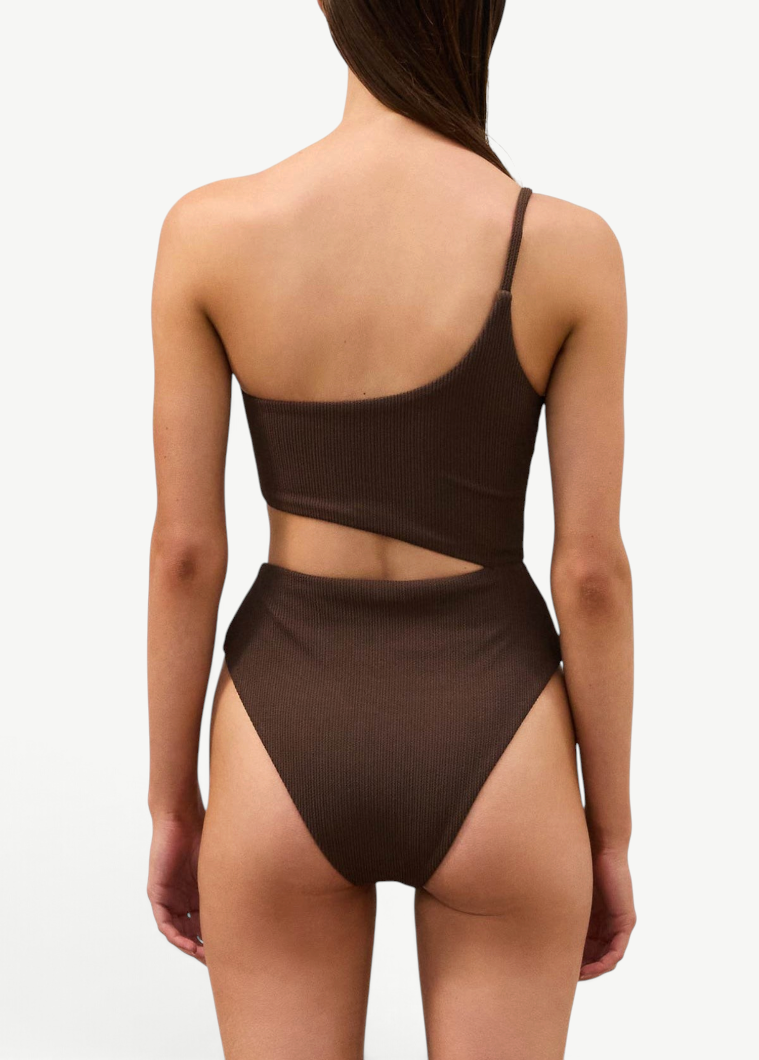 KABE SHOP INC Cocoa Textured one-piece swimsuit with one-shoulder design and waist cut-out, back view.