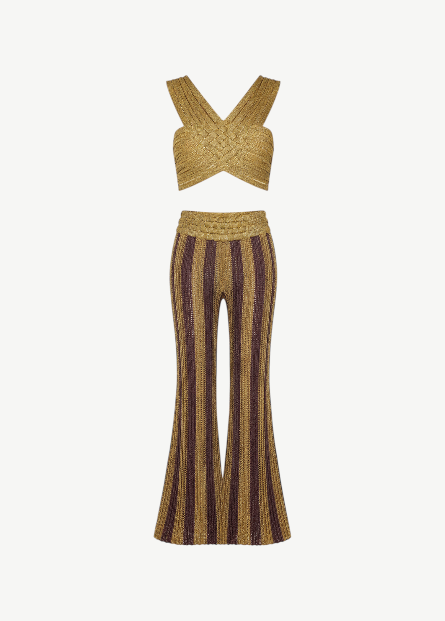 KABE SHOP INC Cher Set featuring a metallic gold crisscross crop top and matching striped flared trousers.
