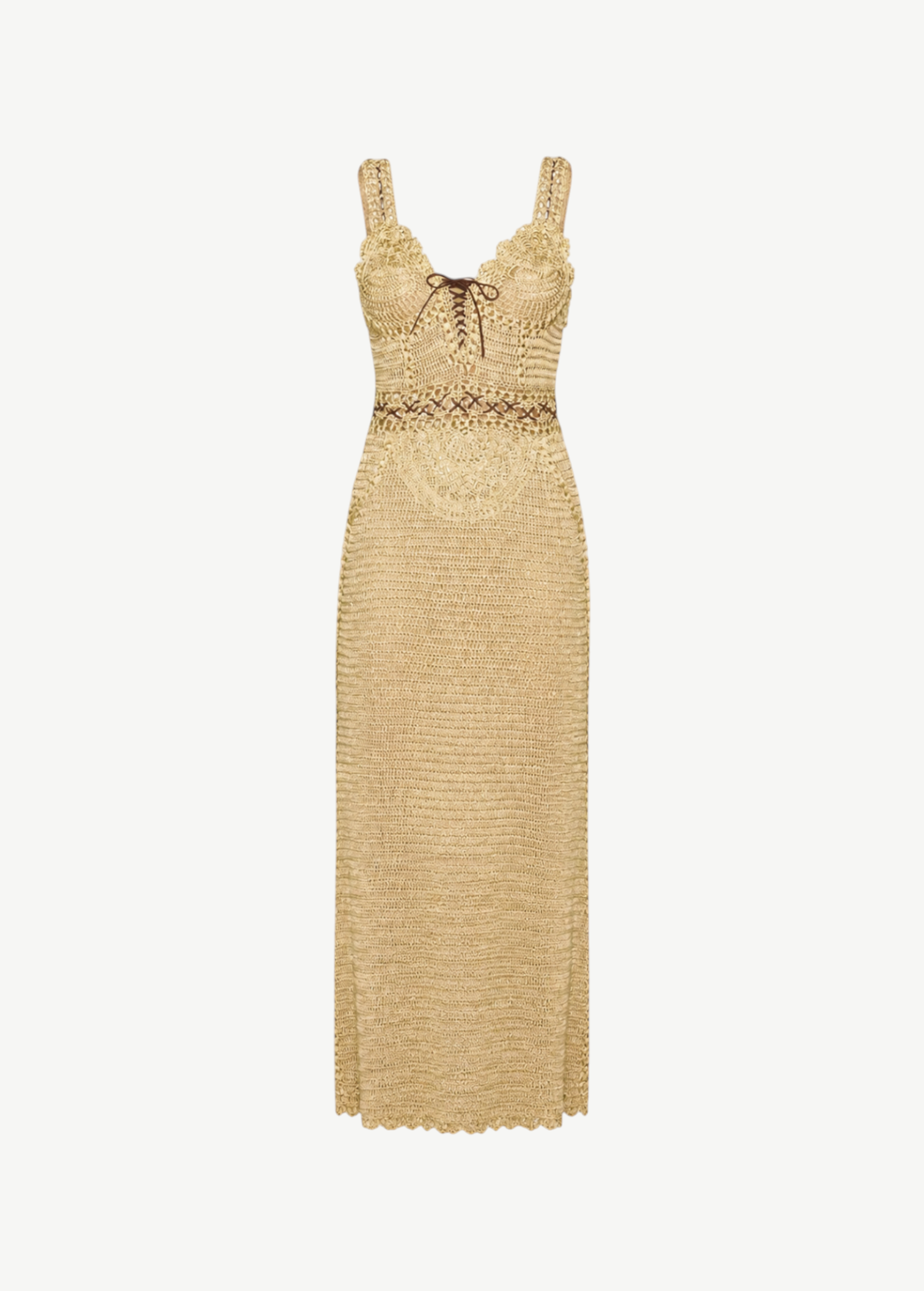 KABE SHOP INC Isa maxi dress in beige crochet with a fitted halter neckline and delicate lace-up detailing.