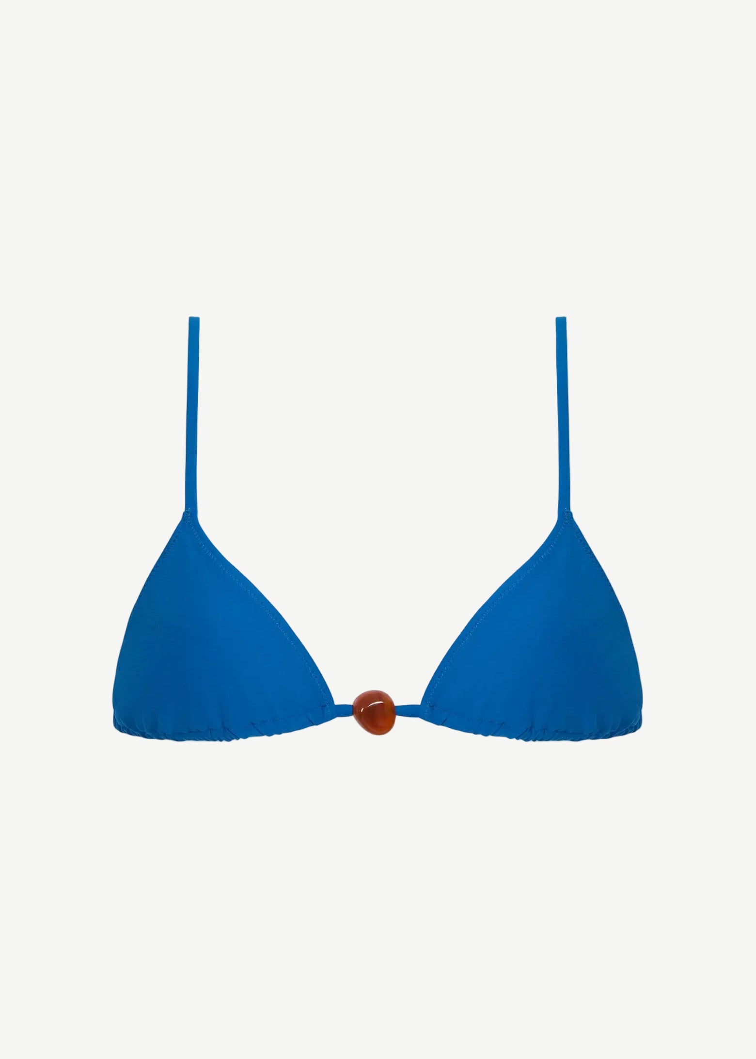 The Equator Top is a blue triangle bikini top featuring thin shoulder straps and a brown bead detail at the center, crafted from recycled polyamide for an eco-friendly swimwear option.